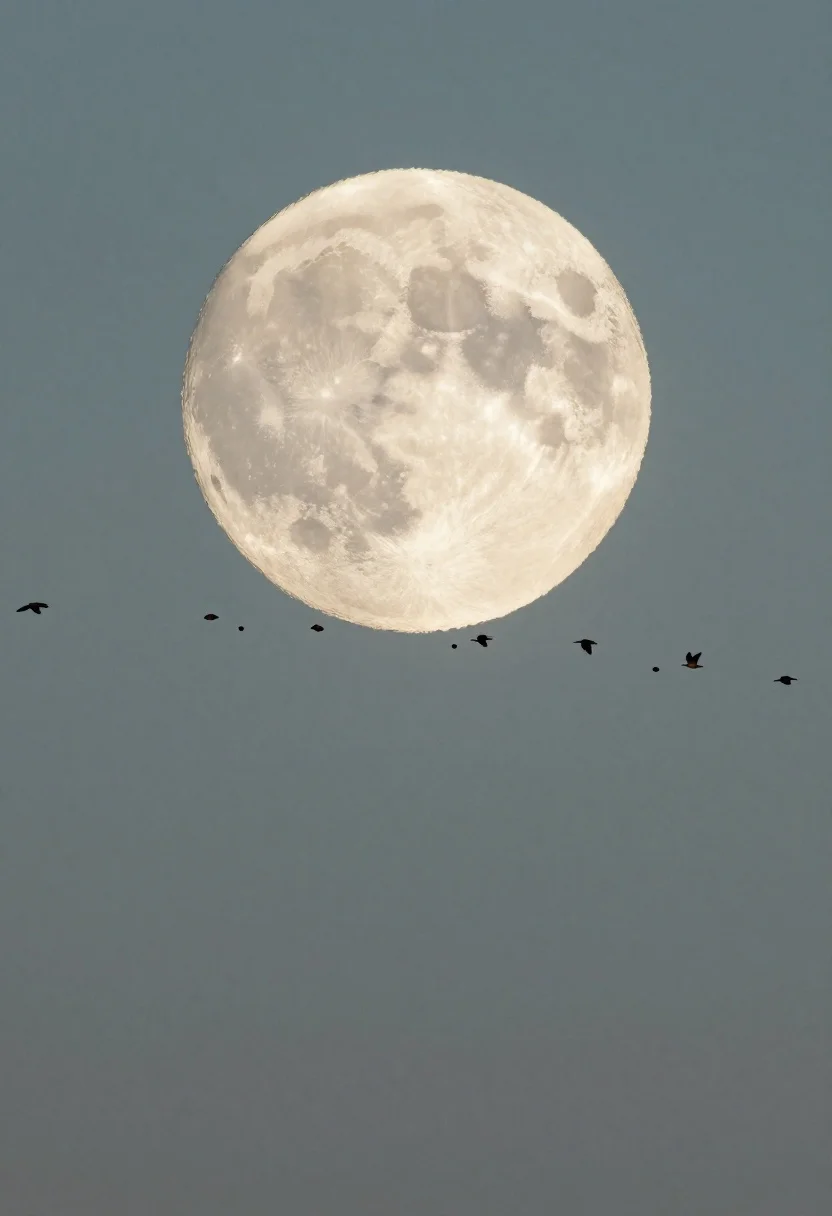Full moon and flock of birds against a moody sky