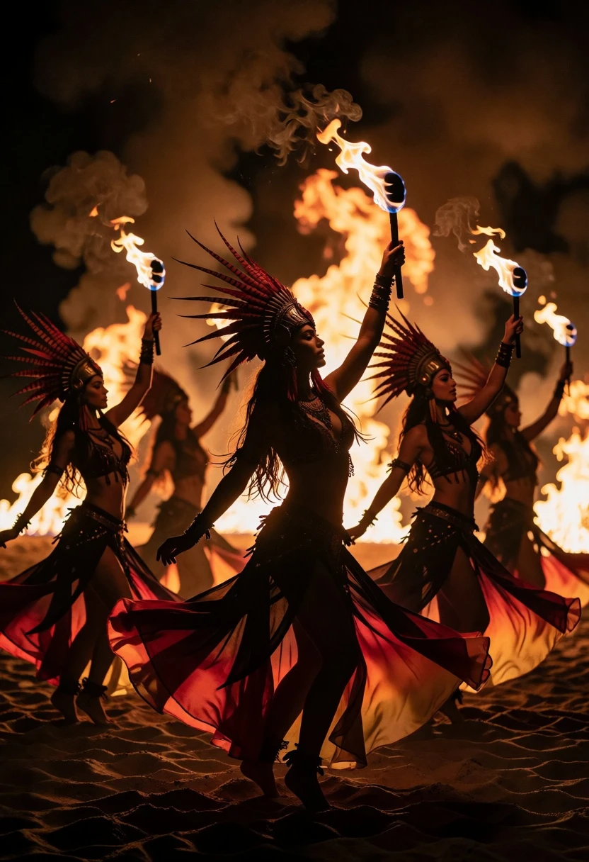 Five female dancers performing fire dance silhouettes on dark sandy beach - AI generated image prompt sample