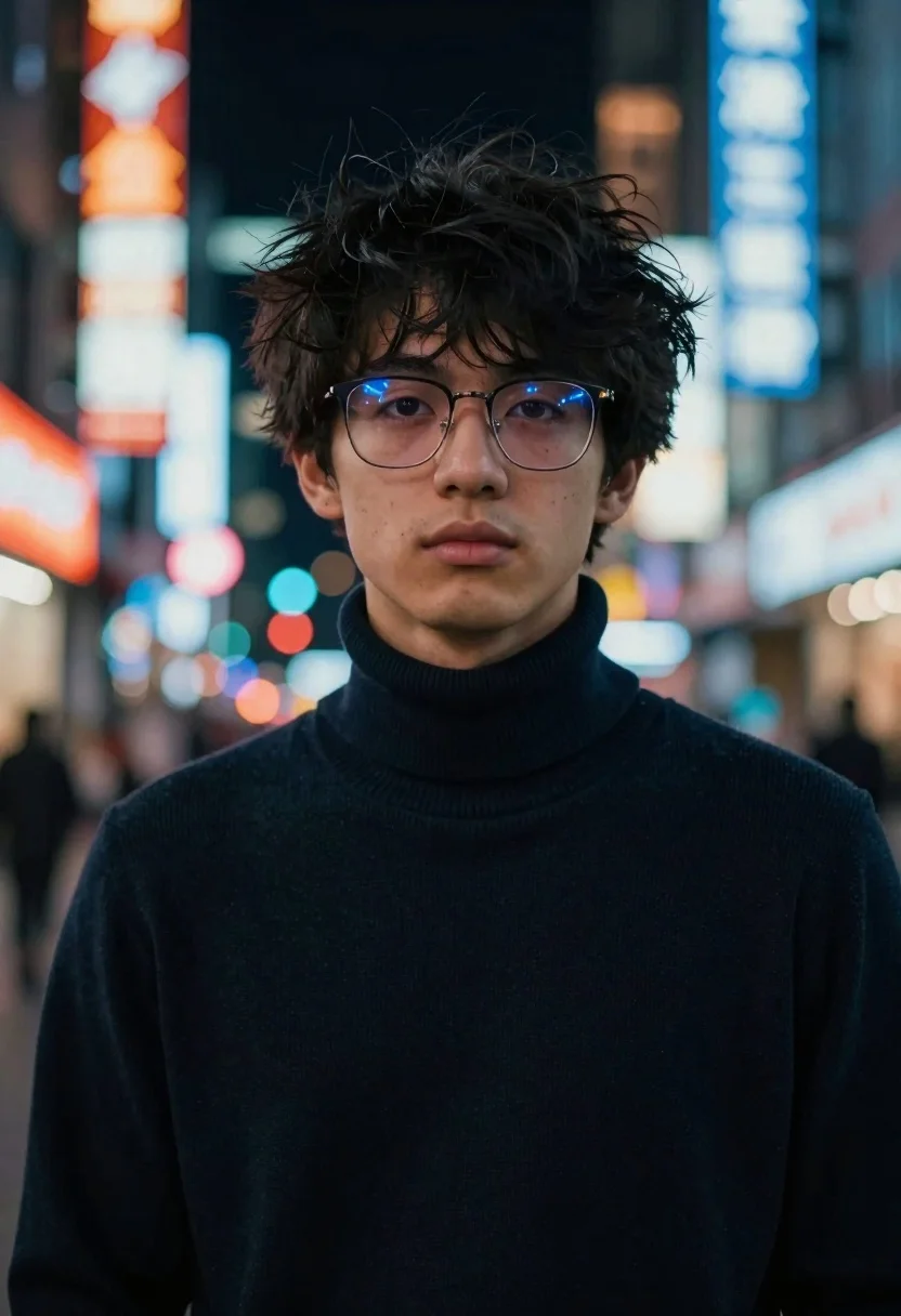 Young man with glasses in neon lit city at night - AI generated image prompt sample