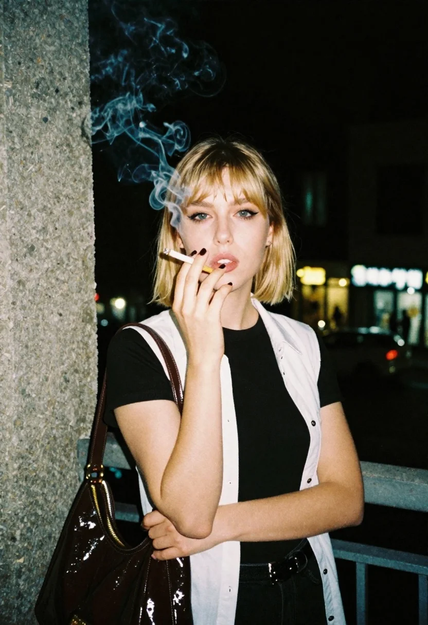 Portrait of blonde woman with cigarette on concrete balcony at night - AI generated image prompt sample