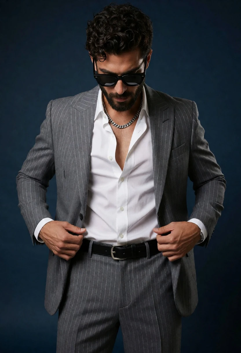 Stylish man in pinstripe suit adjusting jacket against dark blue background - AI generated image prompt sample