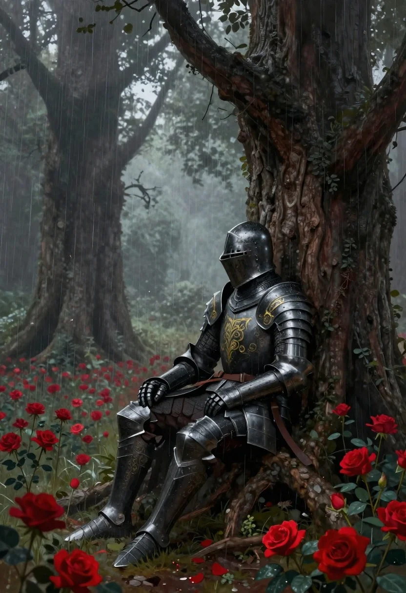 Knight in armor against tree trunk in rainy forest