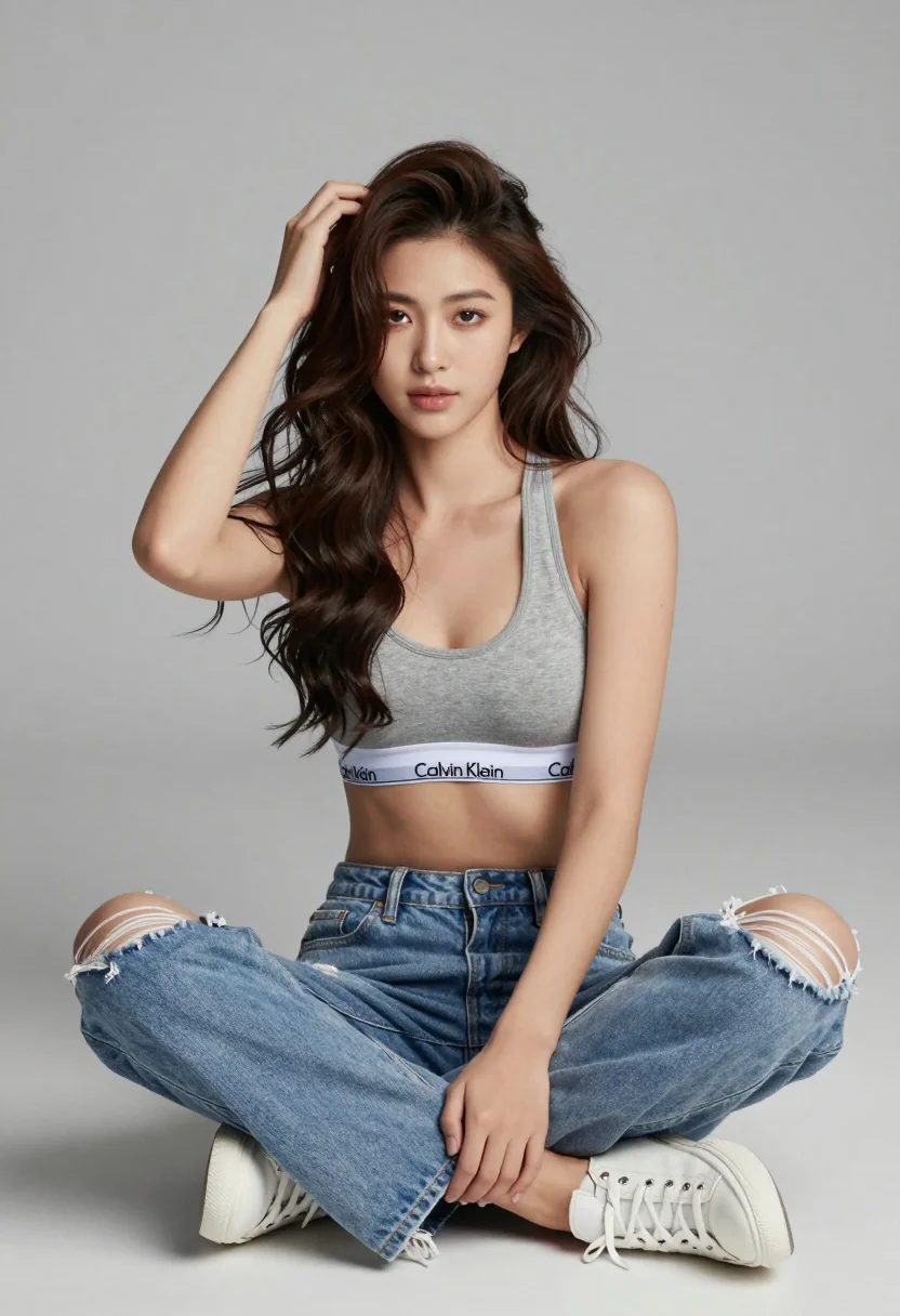 Young woman in sports bra ripped jeans sitting cross legged studio portrait - AI generated image prompt sample