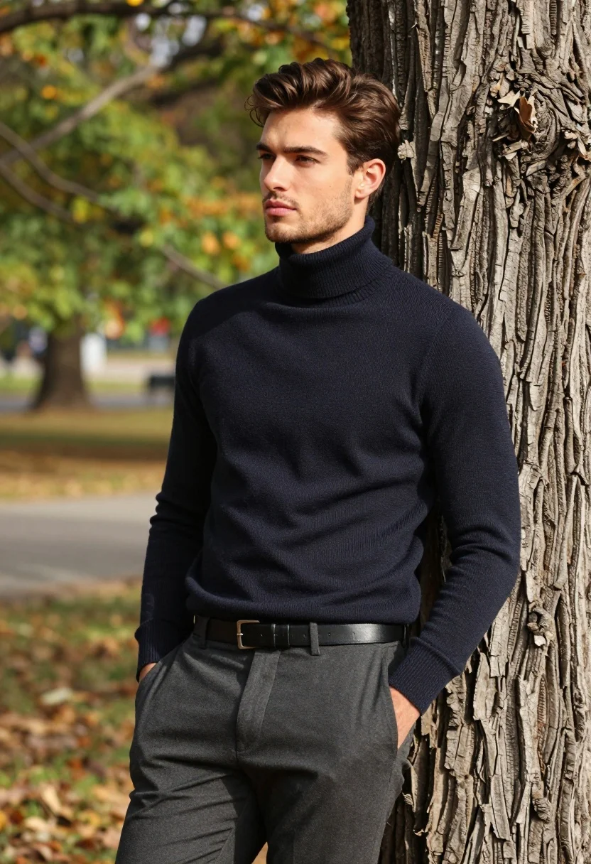 Handsome young man in turtleneck leaning against tree trunk in autumn park - AI generated image prompt sample