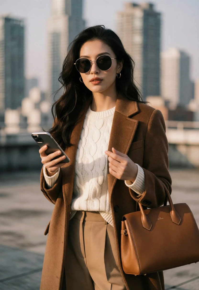 Stylish woman in wool coat on rooftop against blurred city skyline - AI generated image prompt sample