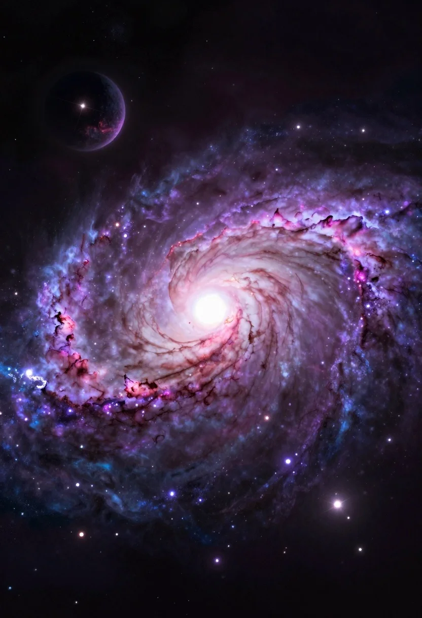 Majestic spiral galaxy viewed in deep space with pink nebulae and dark - AI generated image prompt sample