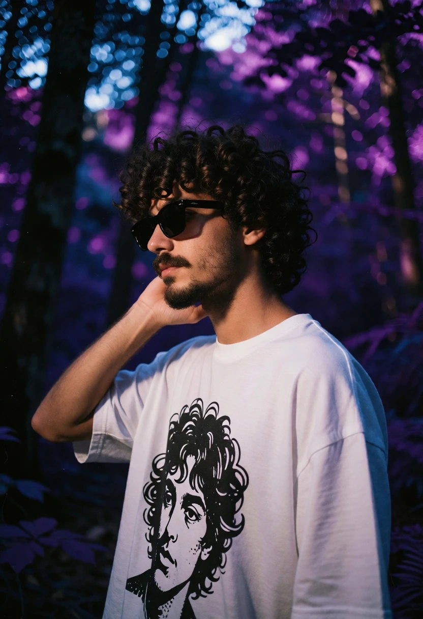Young man in white graphic tshirt standing in profile within a purple - AI generated image prompt sample