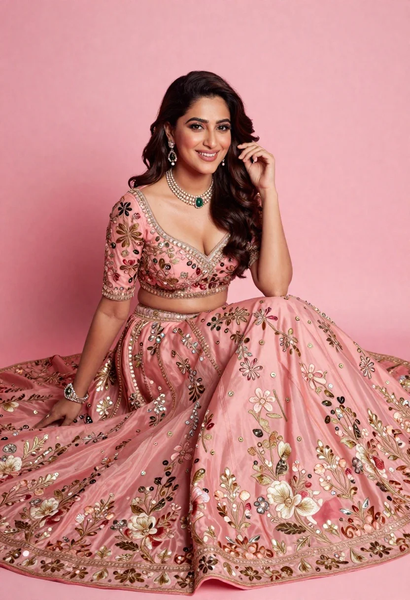 Smiling woman in elaborate pink lehenga choli against solid studio backdrop