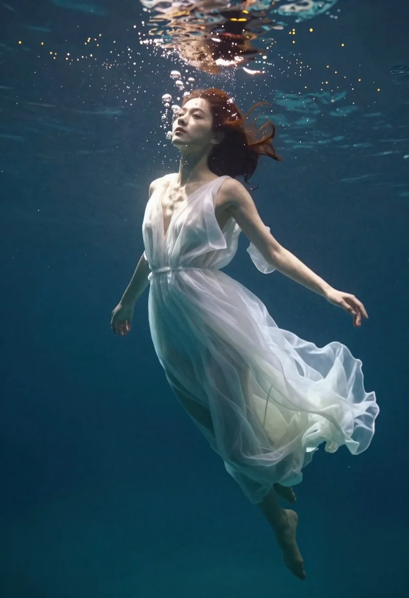 Woman in white dress floating underwater cinematic portrait - AI generated image prompt sample