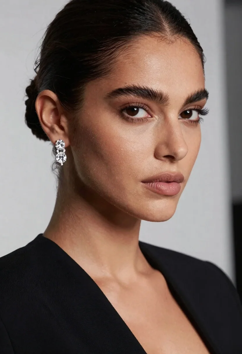 Portrait of woman with dark hair in bun wearing diamond jewelry - AI generated image prompt sample