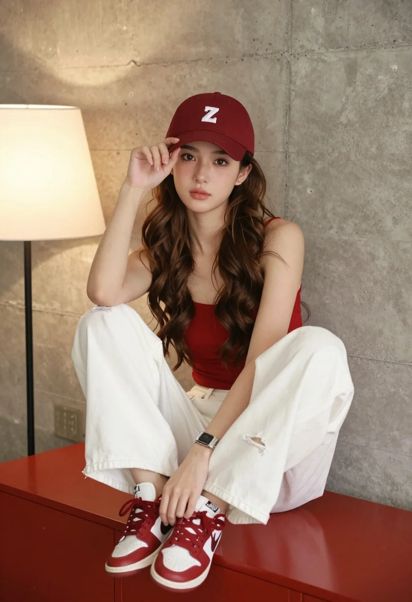 Young woman with brown hair sitting on red cabinet in minimalist room - AI generated image prompt sample