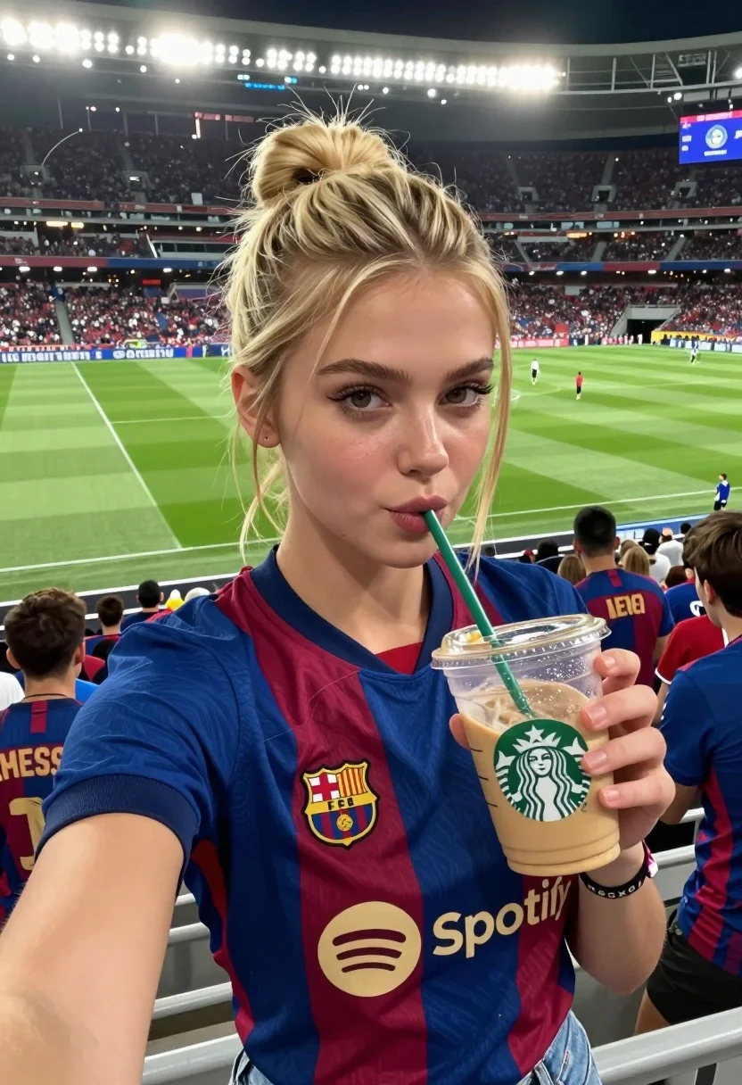 Young woman taking selfie at packed football stadium wearing barcelona jersey - AI generated image prompt sample