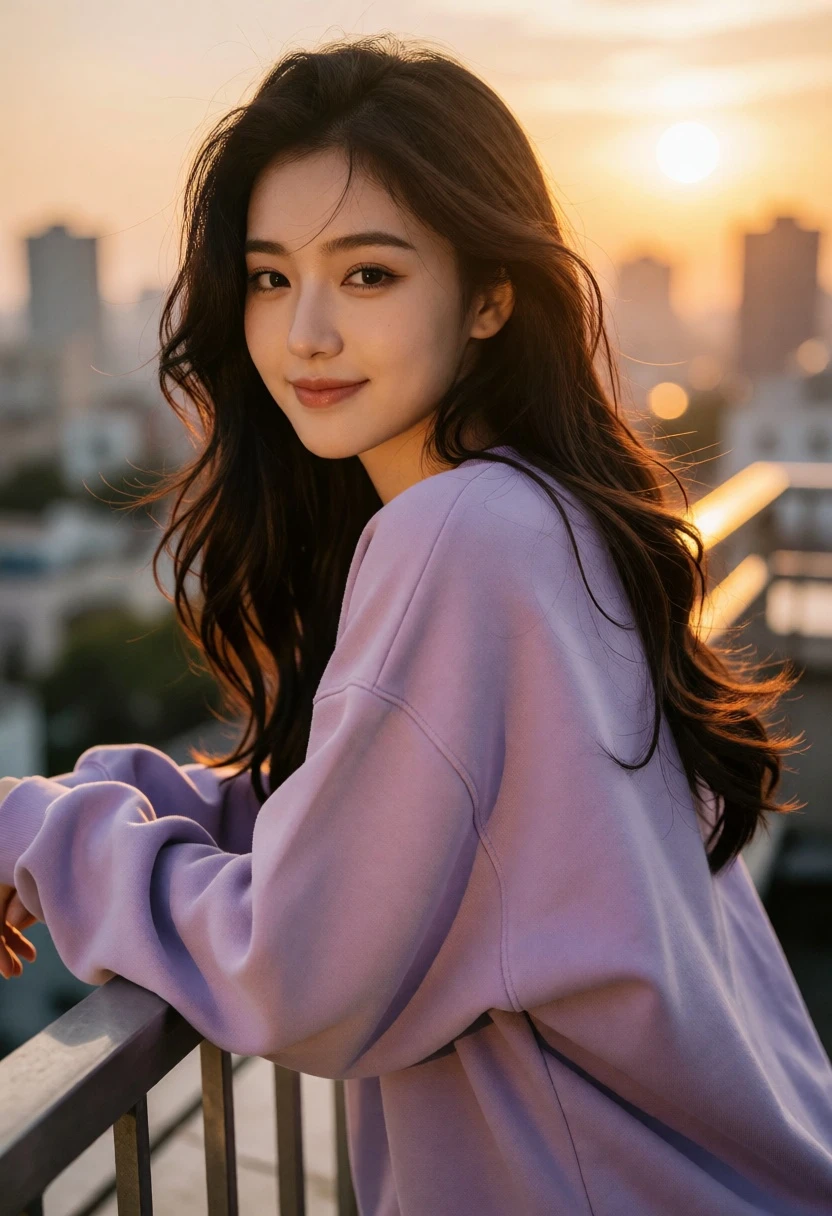 Young woman with dark wavy hair on balcony overlooking city at golden - AI generated image prompt sample