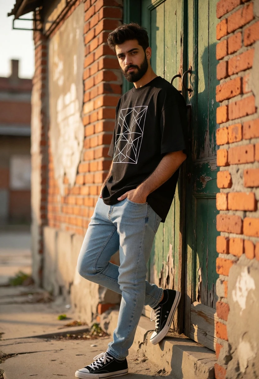 Young man leaning against weathered brick wall near green wooden door - AI generated image prompt sample