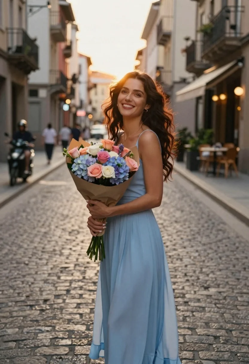 Woman in blue dress holding flowers on a cobblestone street at golden - AI generated image prompt sample