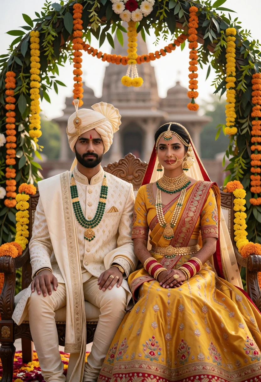 Indian wedding couple seated under floral archway with marigolds and greenery - AI generated image prompt sample