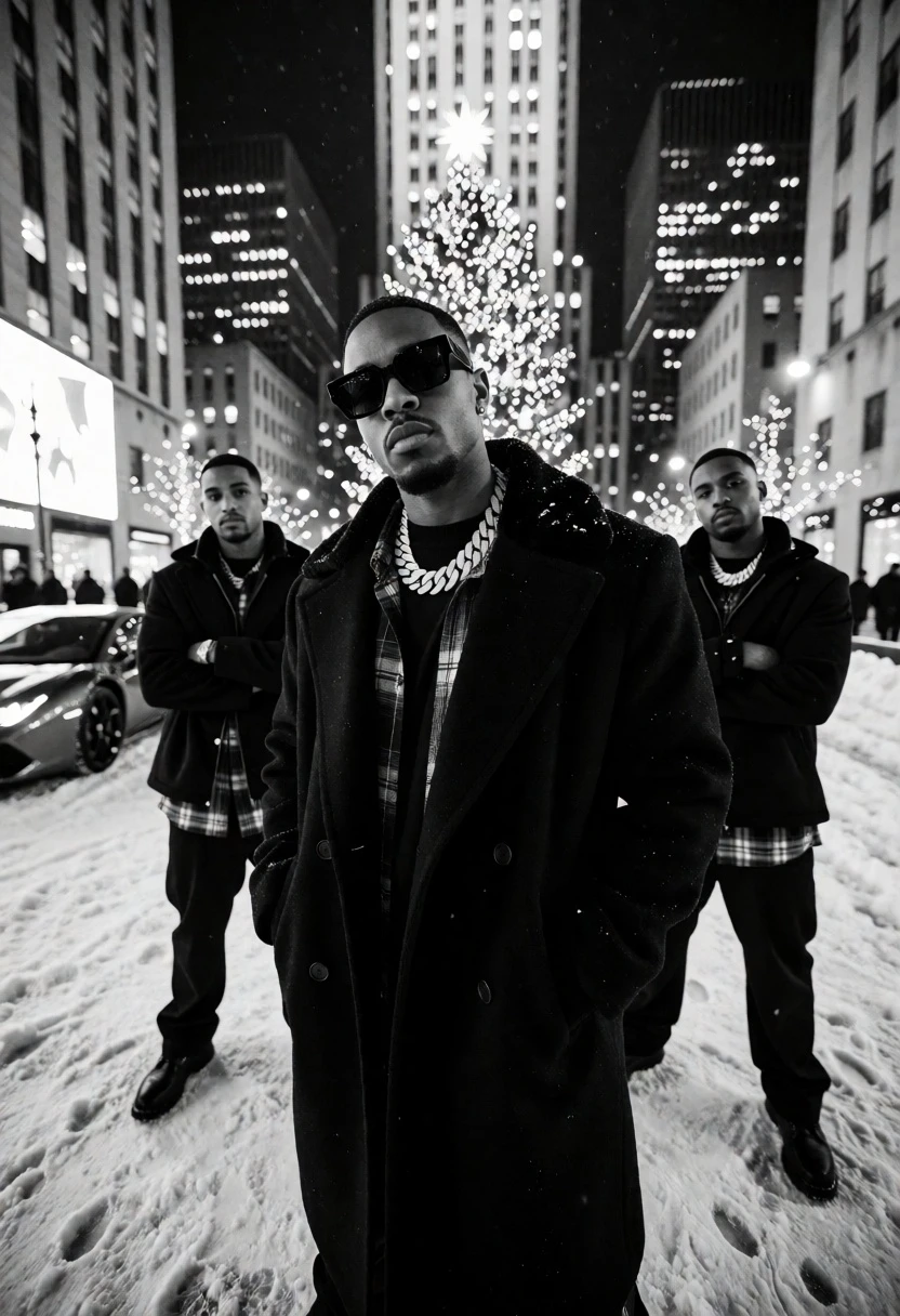 Low angle black and white photograph of men in coats on snowy - AI generated image prompt sample