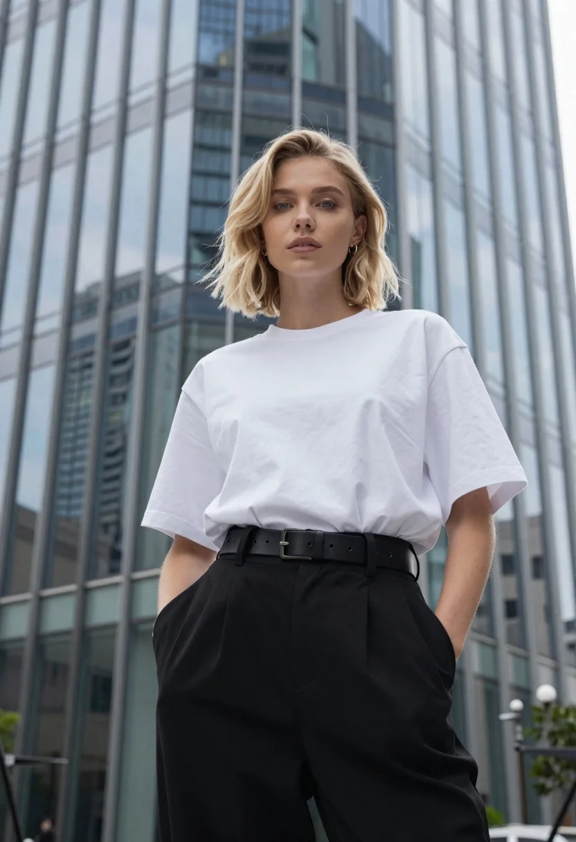 Young woman in white shirt near modern glass skyscraper - AI generated image prompt sample