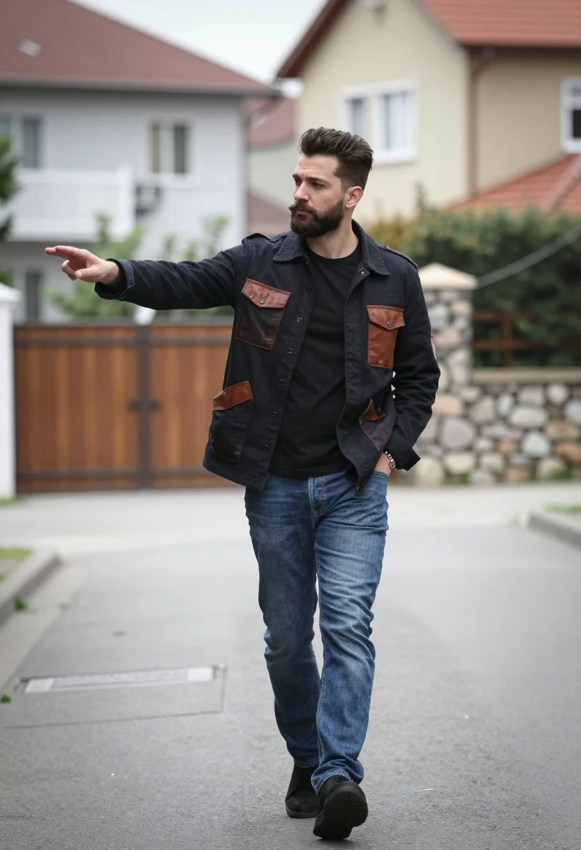 Man walking down an urban street with jacket and jeans in soft - AI generated image prompt sample