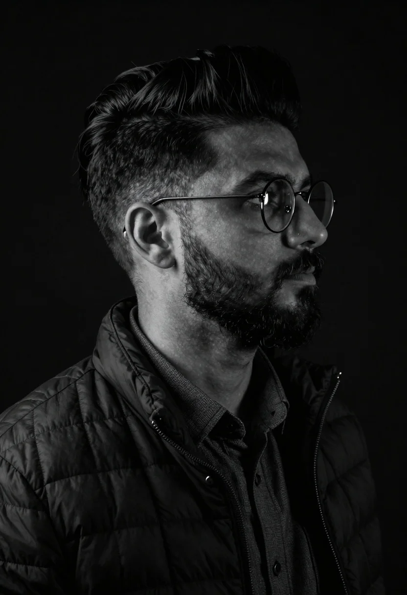 Black and white studio portrait of man with beard
