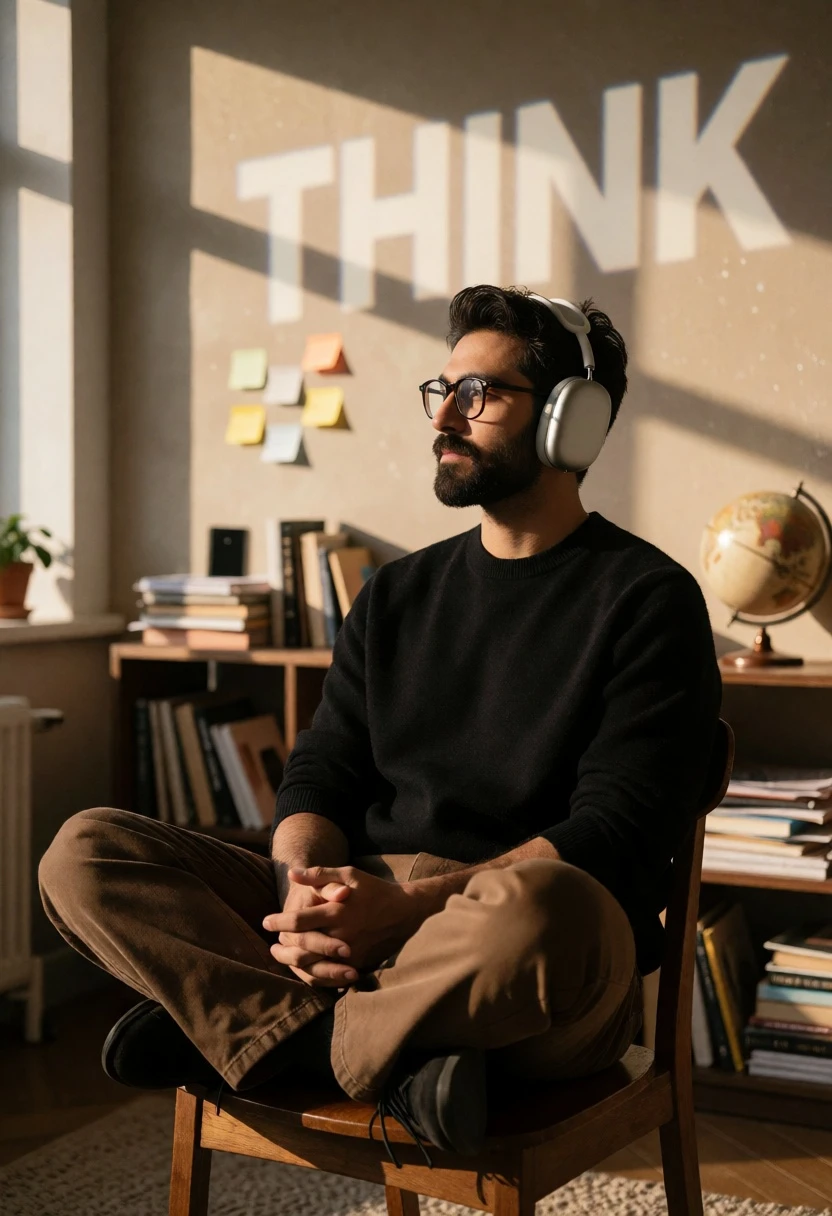 Bearded man wearing headphones sitting thoughtfully by window in sunlit room - AI generated image prompt sample