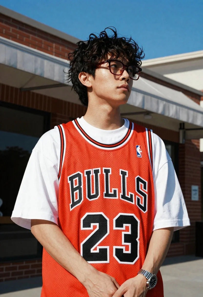 Young man in bulls jersey on brick storefront