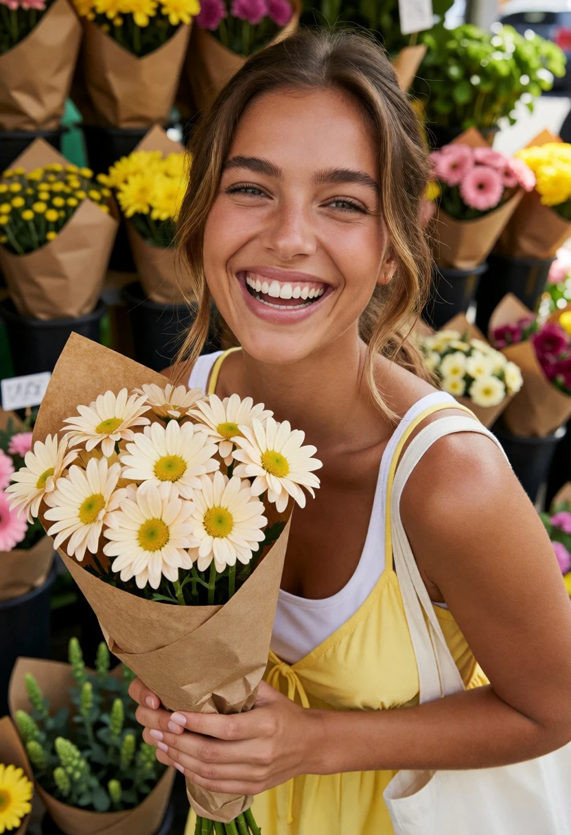 Joyful woman holding daisies at a bustling outdoor flower market stall - AI generated image prompt sample