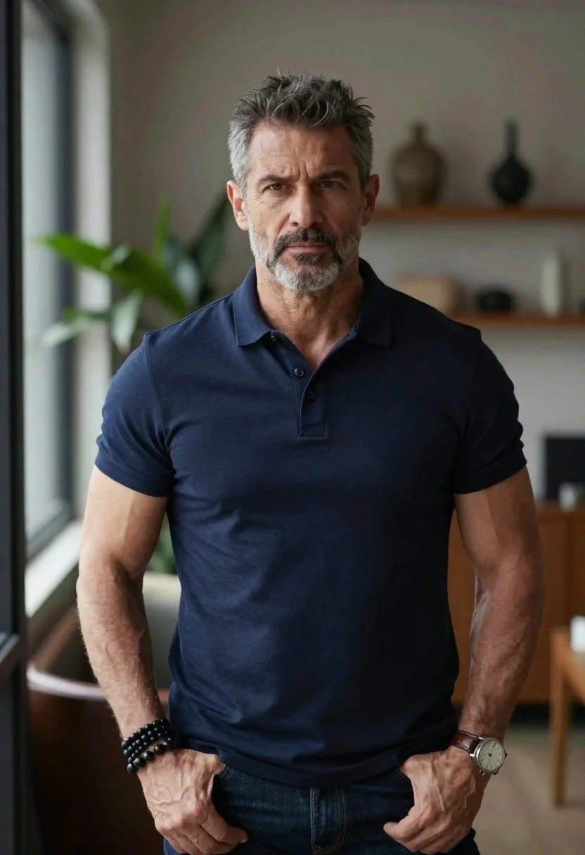 Portrait of middle aged man in navy polo shirt indoors