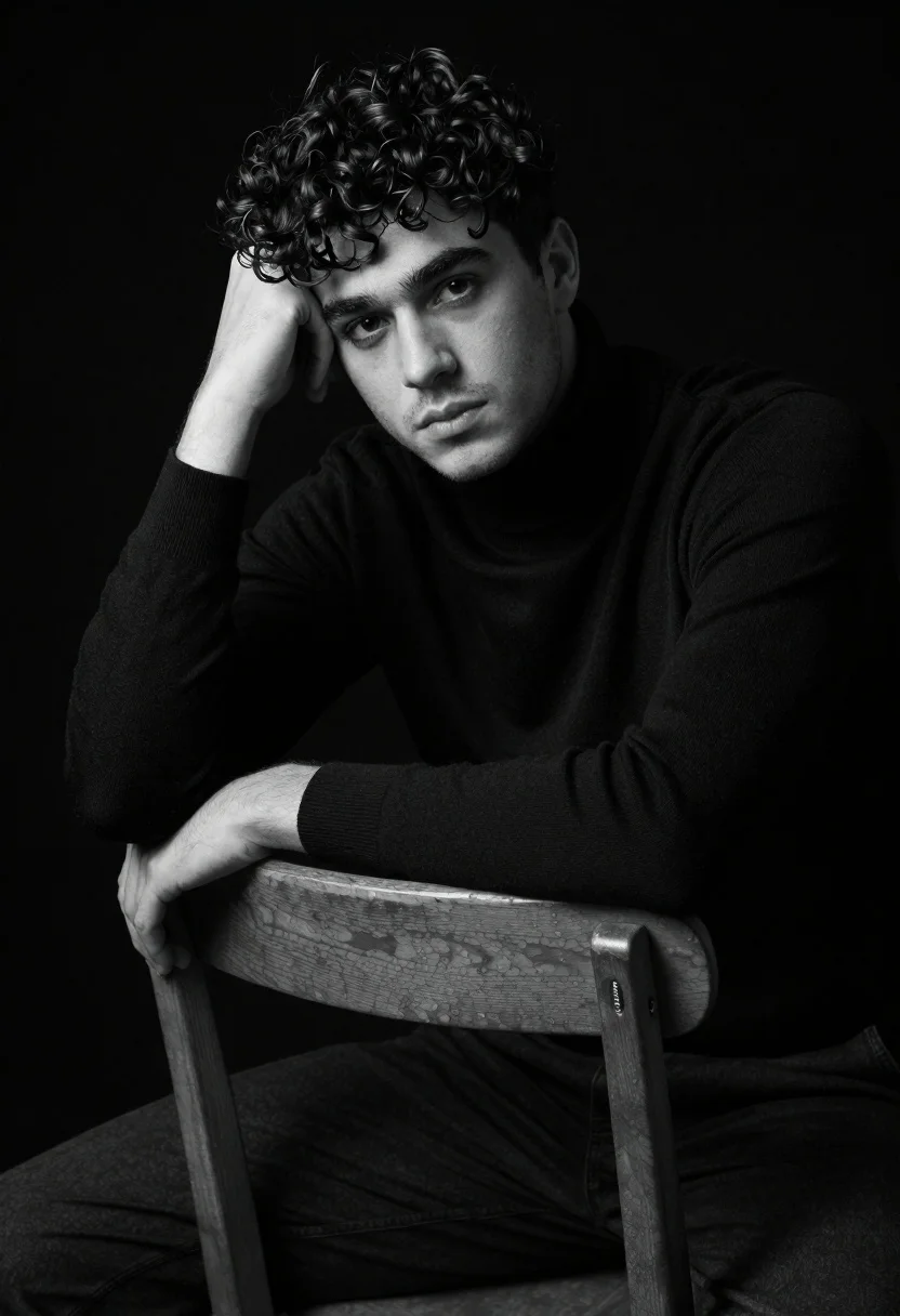 Medium shot portrait of young man in black turtleneck against void - AI generated image prompt sample