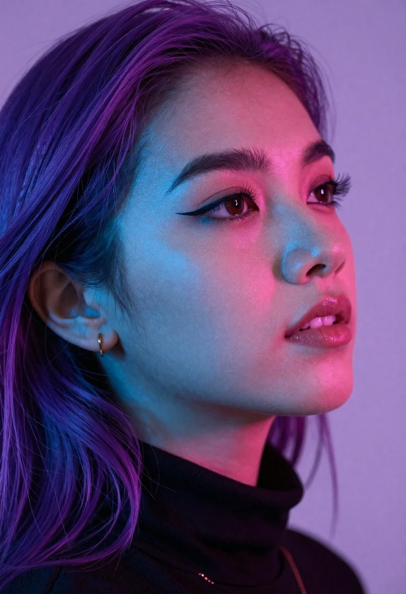 Portrait of woman with violet hair under neon light - AI generated image prompt sample