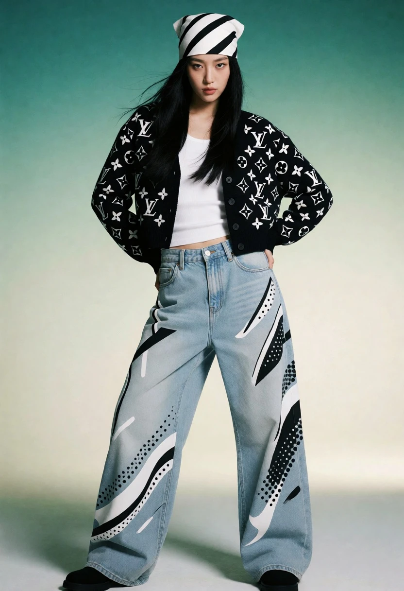 Full body studio portrait of woman in monogram jacket and denim jeans - AI generated image prompt sample