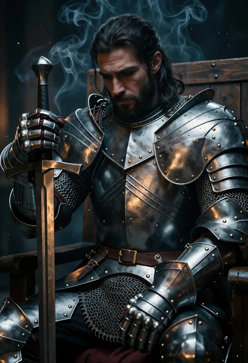 Solemn knight in detailed plate armor sitting on a wooden throne - AI generated image prompt sample