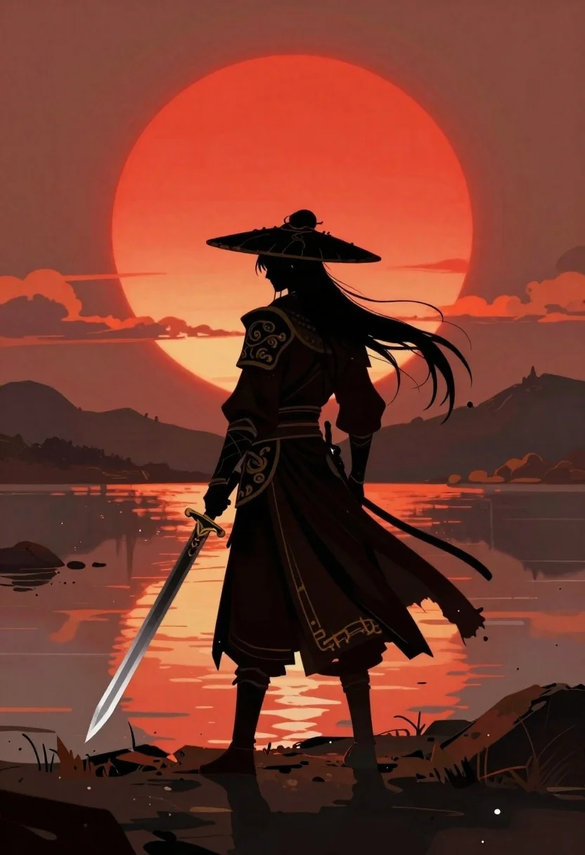 Warrior silhouette by reflective lake under red sun