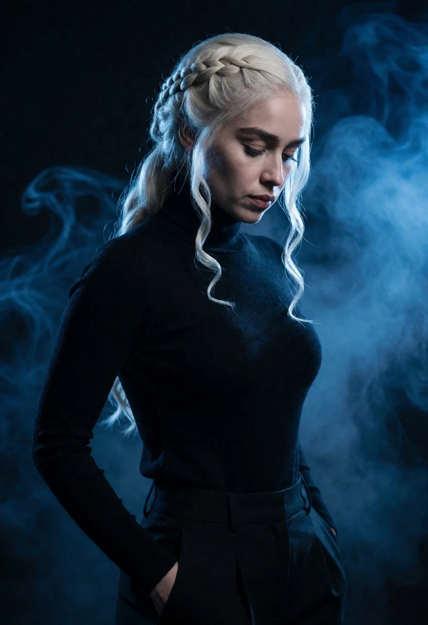 Woman with platinum blonde braid in black outfit against blue mist - AI generated image prompt sample