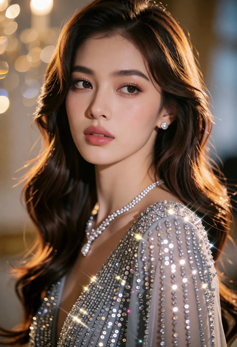 Close up portrait of woman in sequined gown looking thoughtfully indoors - AI generated image prompt sample