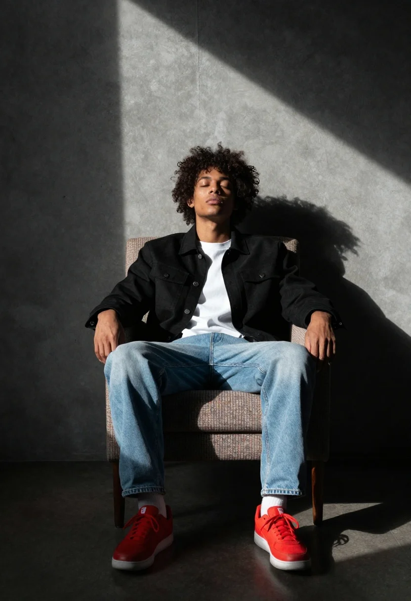 Young man with curls sitting in minimalist studio