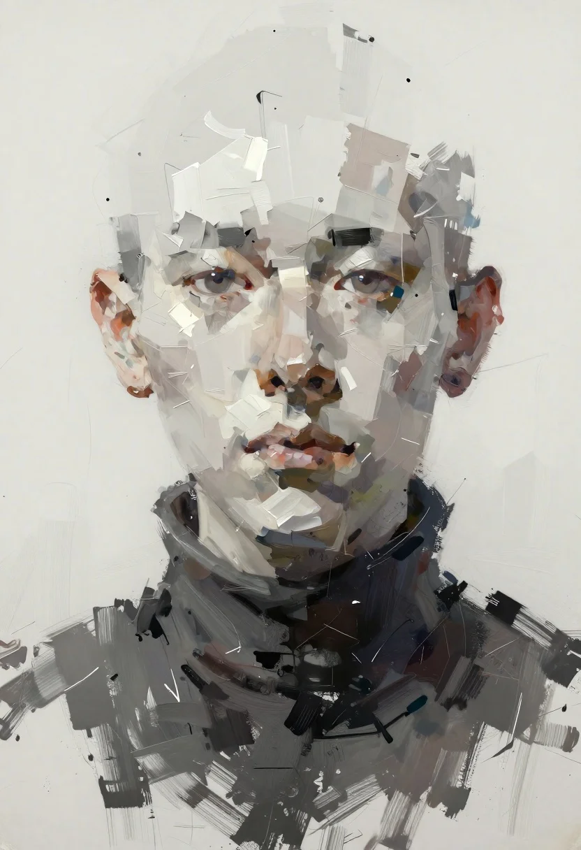 Fragmented face portrait with vertical brushstrokes - AI generated image prompt sample