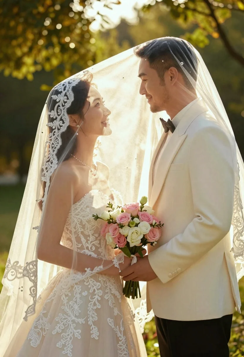 Bride and groom under lace veil in sunlit garden holding roses - AI generated image prompt sample