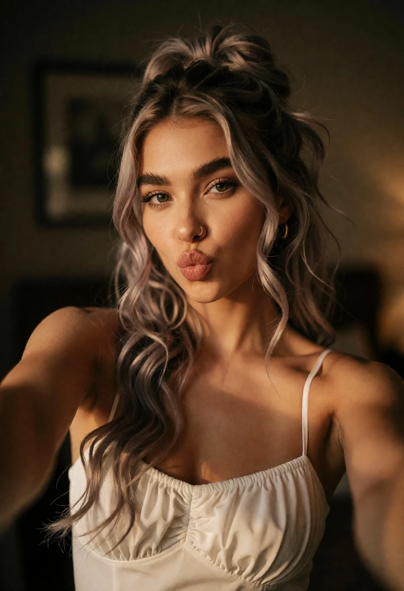 Close up selfie of young woman with ash blonde wavy hair indoors - AI generated image prompt sample