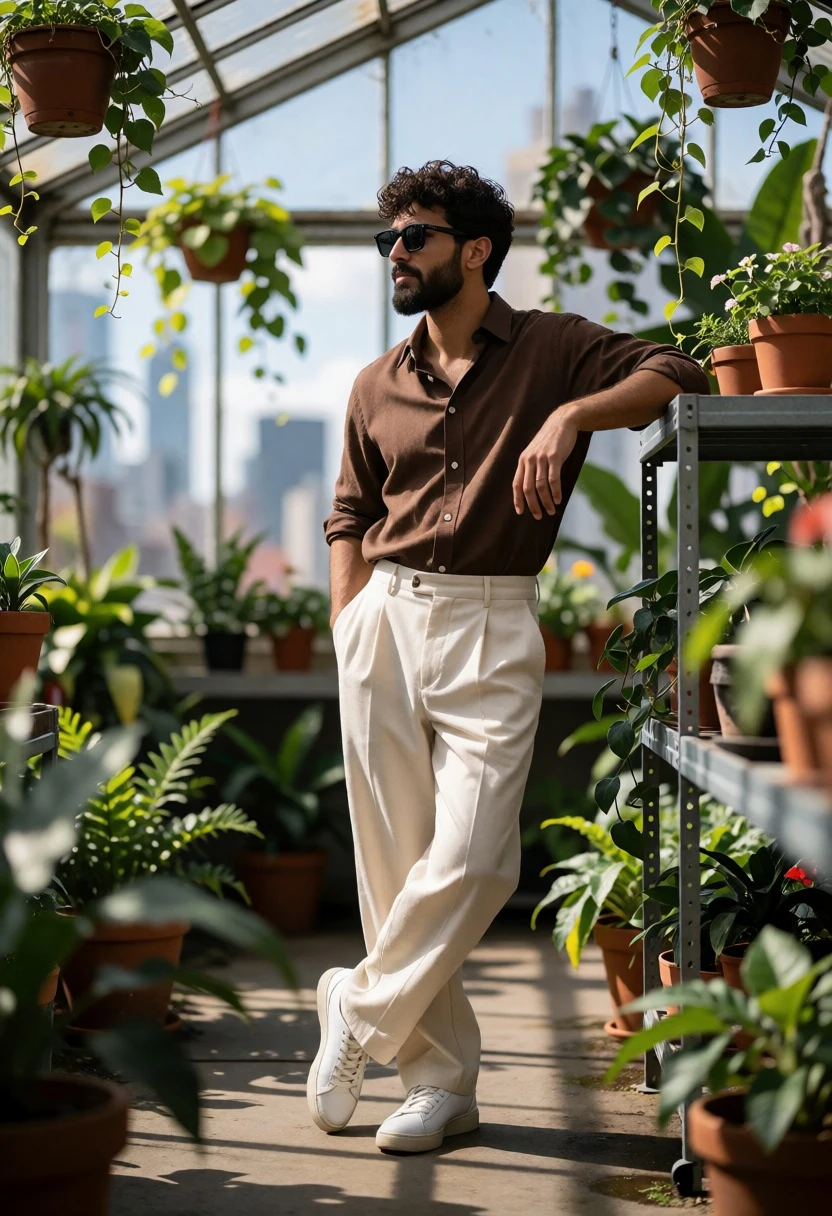 Man leaning in sunlit greenhouse surrounded by lush hanging greenery - AI generated image prompt sample