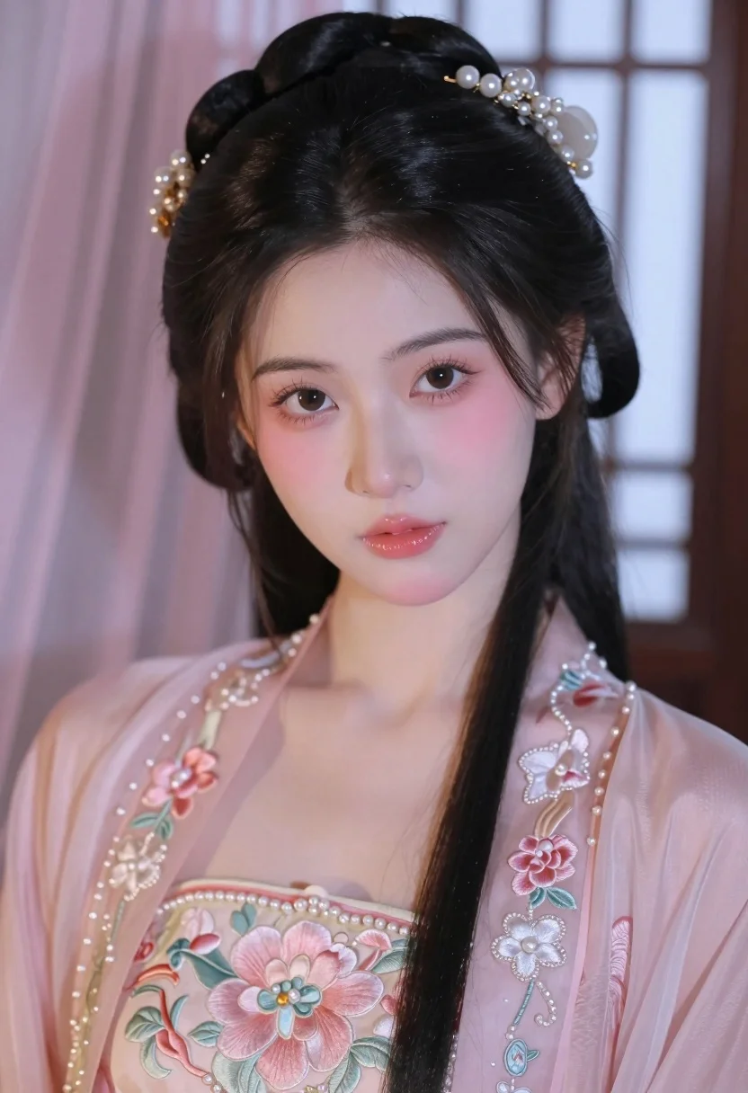 Close up portrait of young woman in pink embroidered robe indoors - AI generated image prompt sample