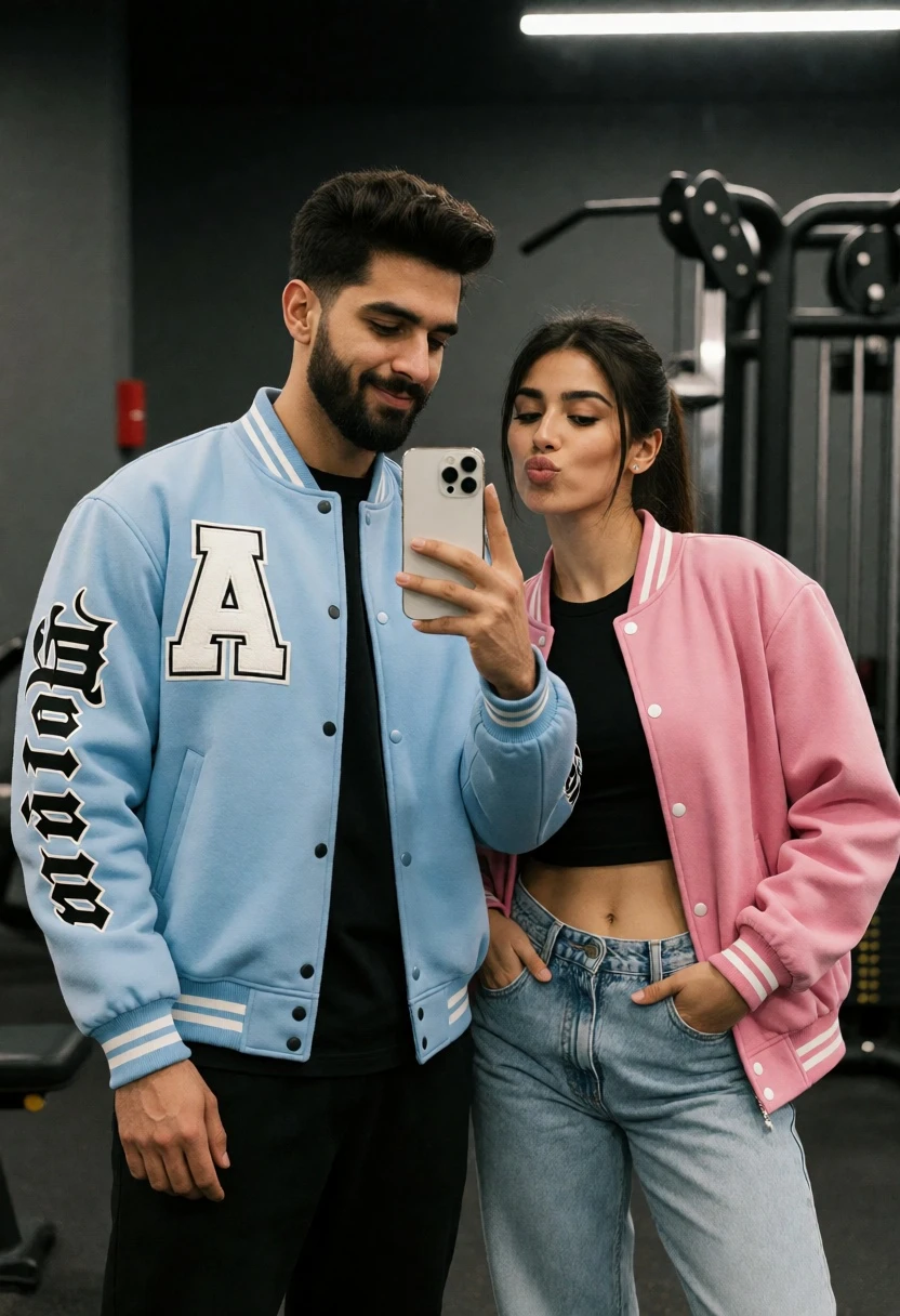 Couple taking a mirror selfie in a gym setting with varsity jackets - AI generated image prompt sample