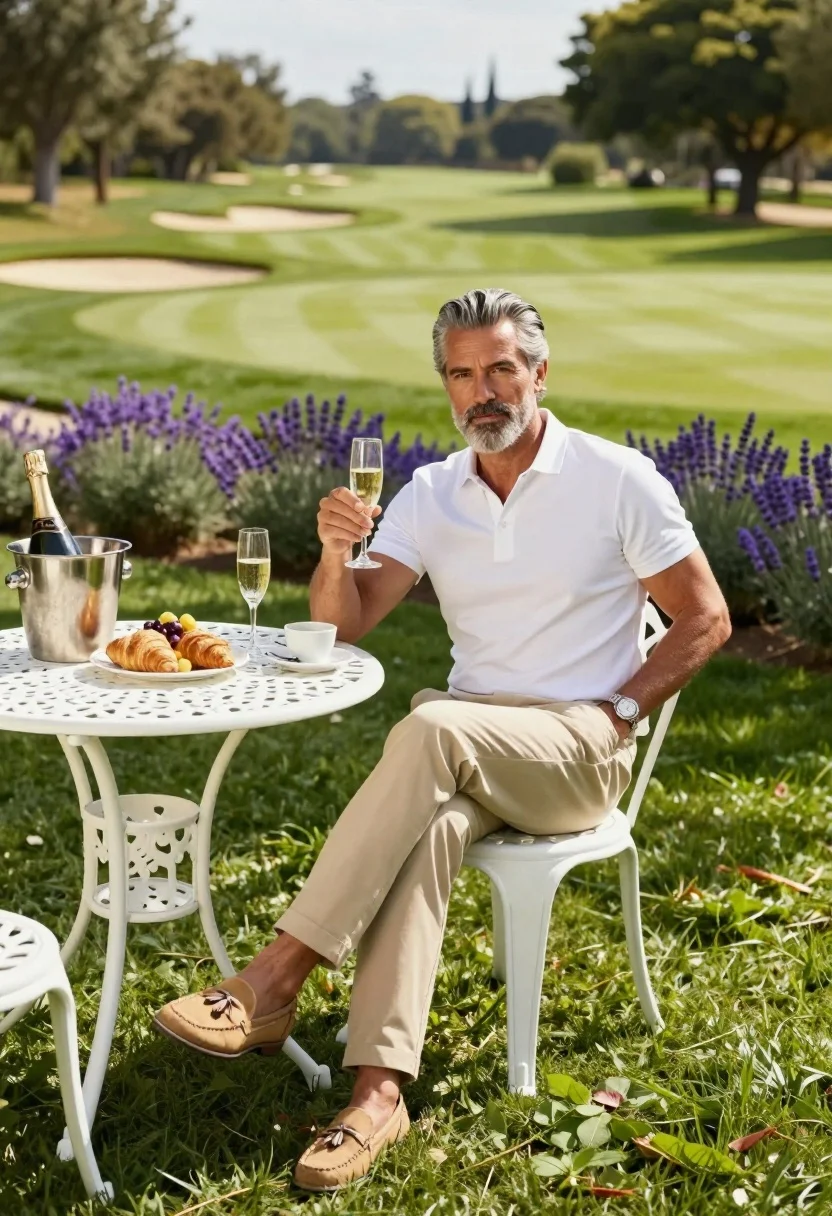 Middle aged man with gray beard sitting at table on green lawn - AI generated image prompt sample