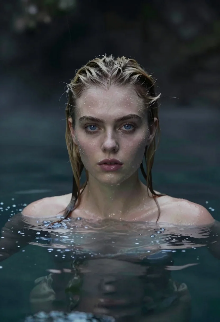 Photorealistic portrait of woman submerged in cold water - AI generated image prompt sample