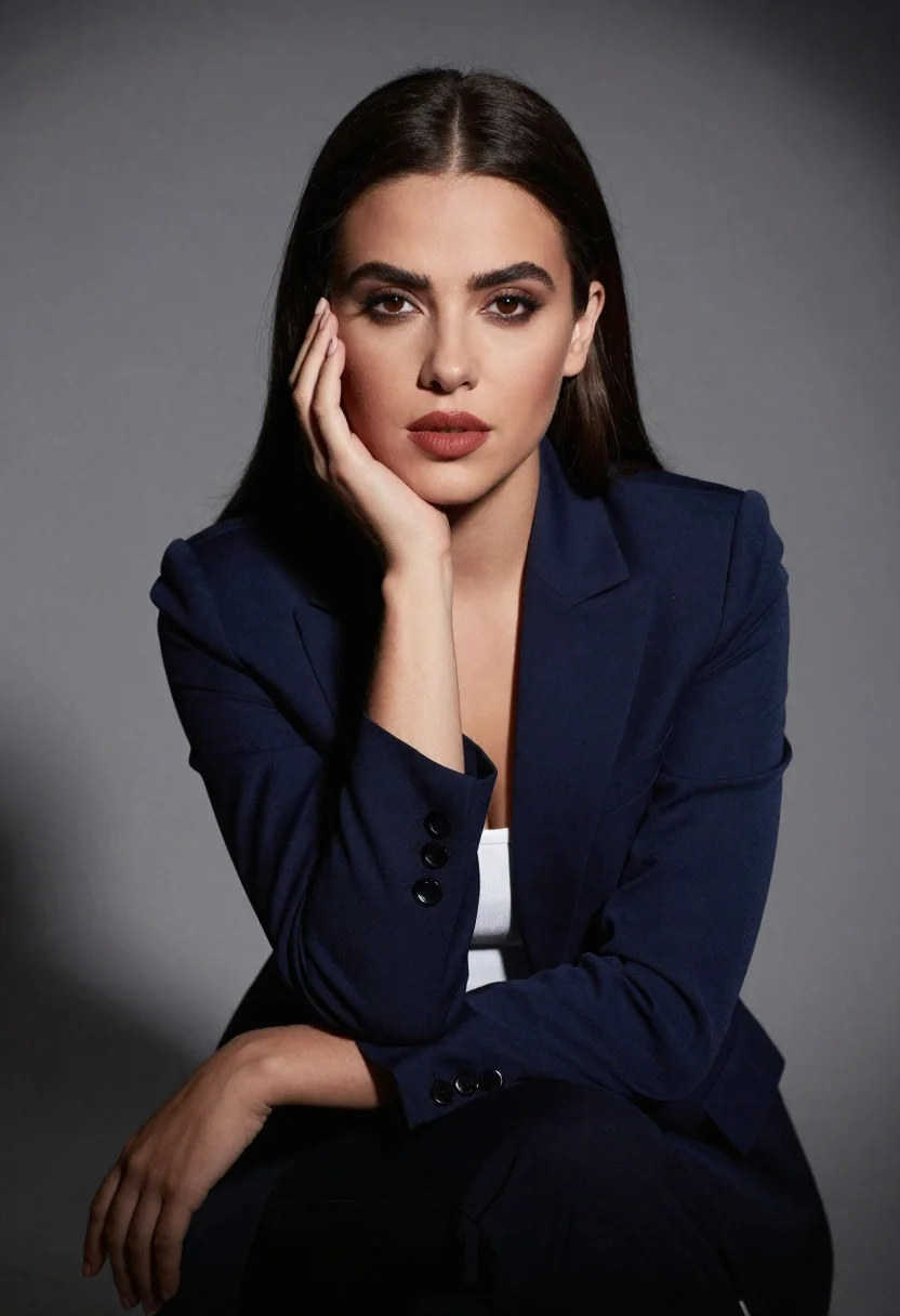 Studio portrait of young woman in navy blazer