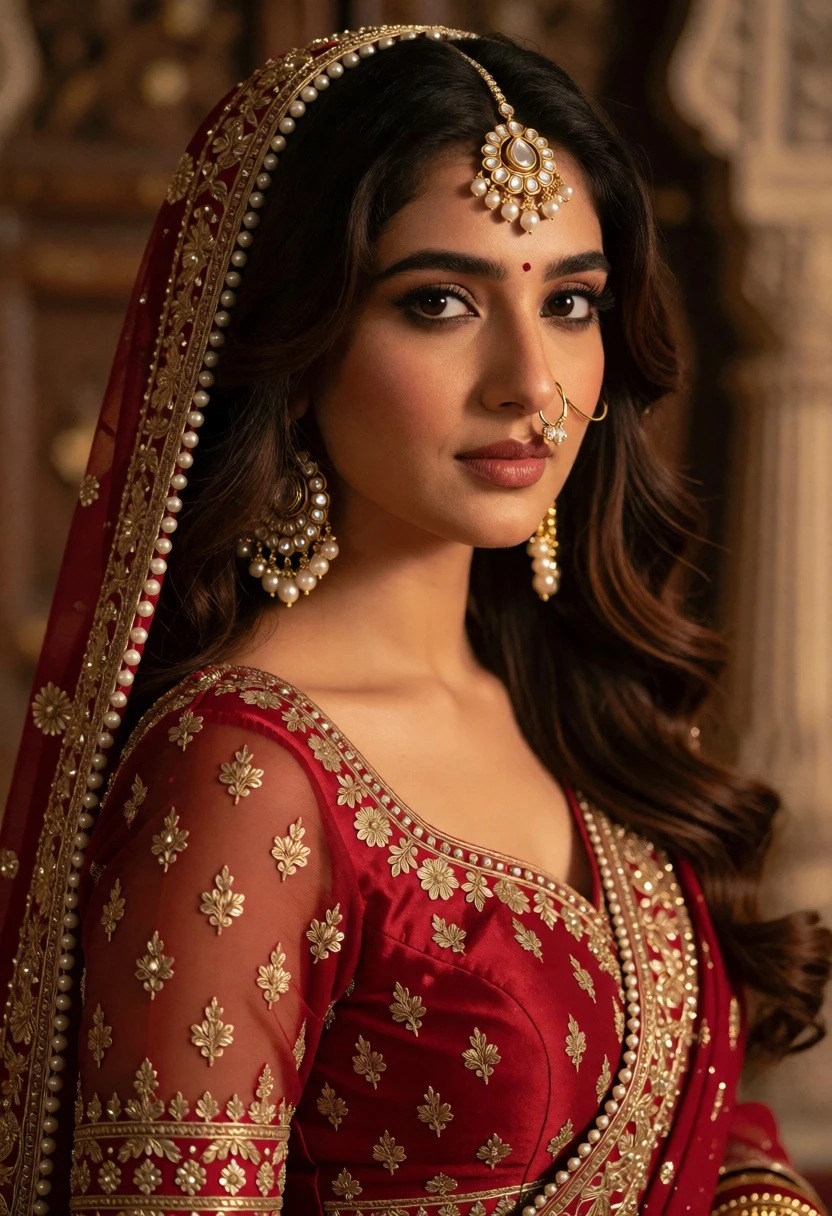 Close up portrait of woman in traditional red bridal attire indoors - AI generated image prompt sample