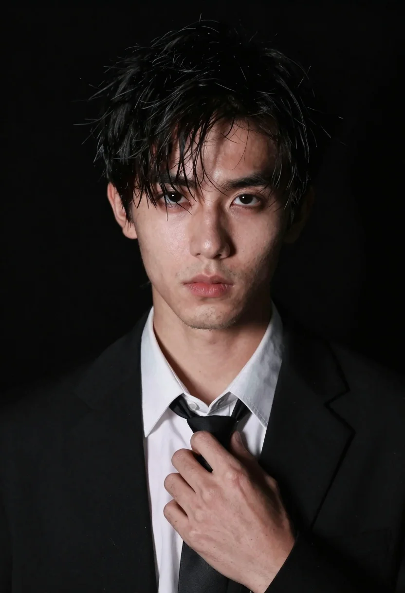 Close up portrait of young man in black suit adjusting his tie - AI generated image prompt sample