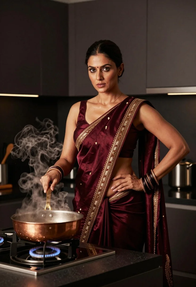 Woman in maroon silk saree holding steaming copper pan in modern kitchen - AI generated image prompt sample