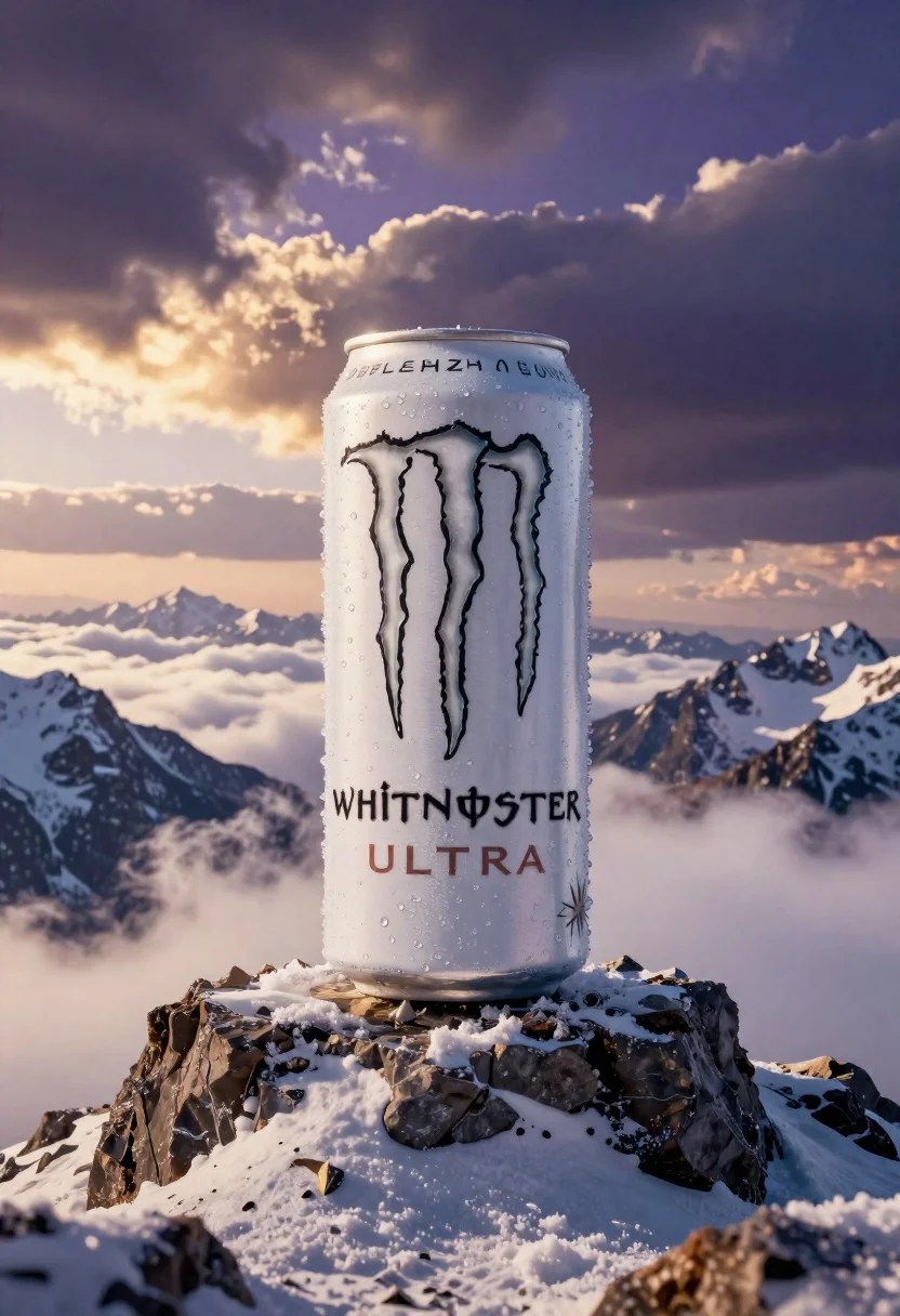 Giant white energy drink can on snowy mountain peak above sea of - AI generated image prompt sample