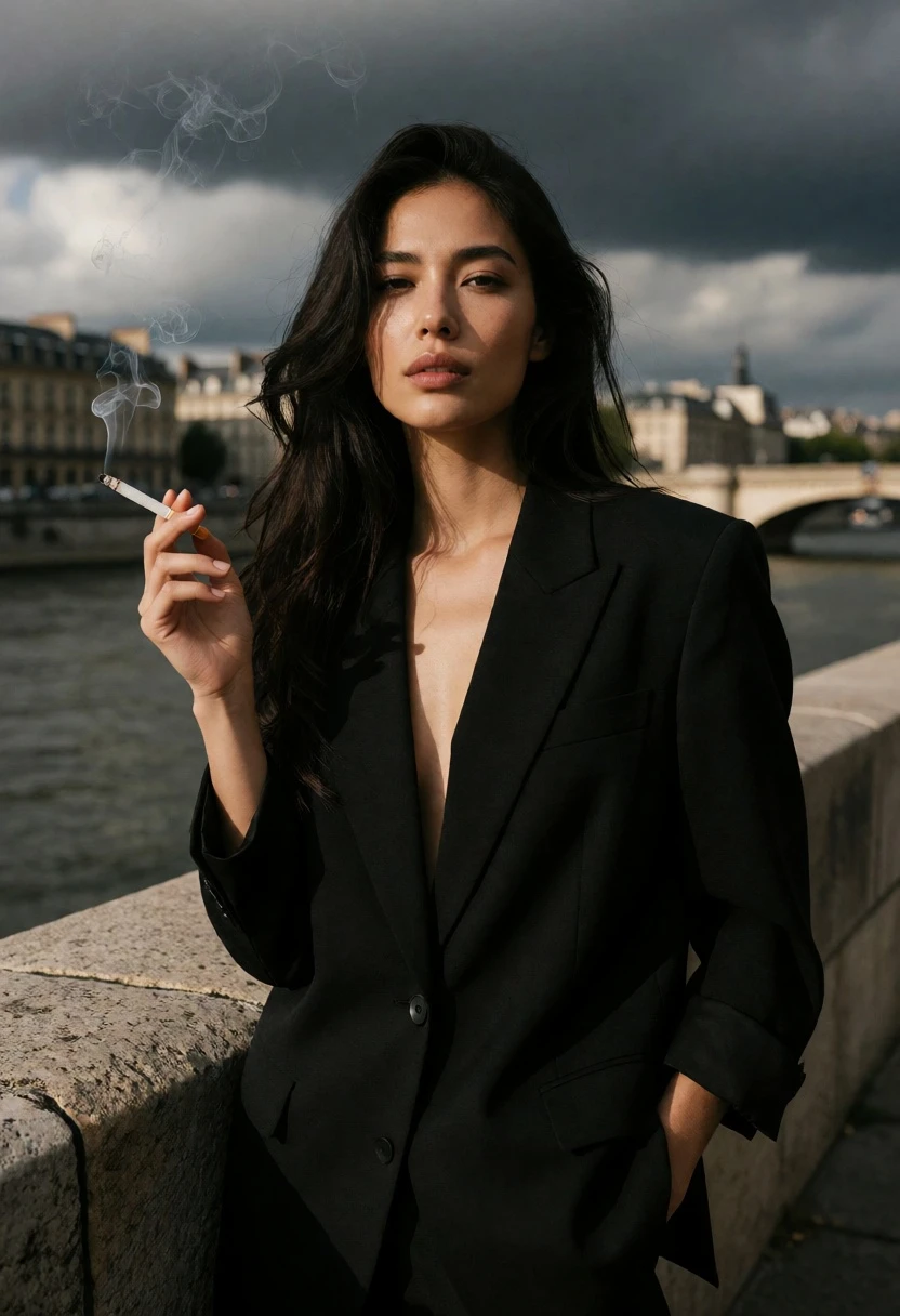 Woman in black blazer by stone wall overlooking river cityscape under storm - AI generated image prompt sample